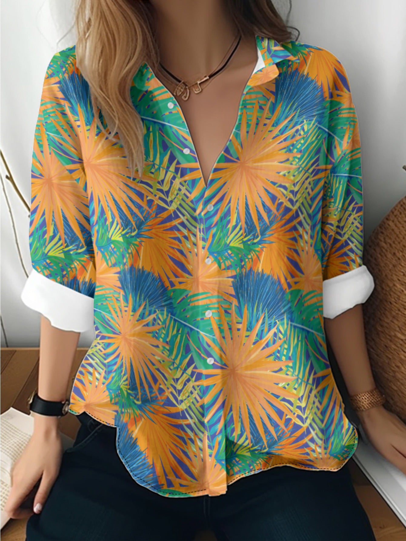 Cat cross-border European and American women's 3D printed floral pattern long-sleeved shirt women's fashion tops