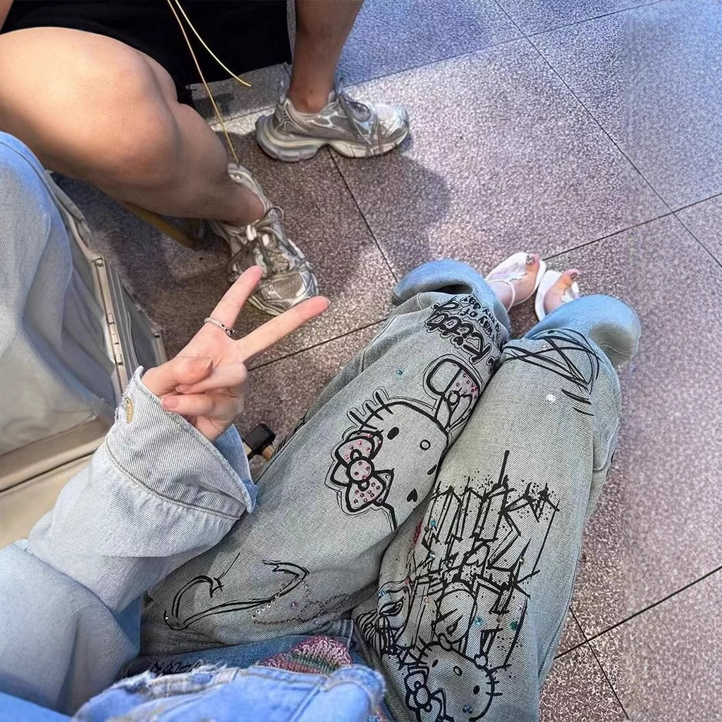 Large size retro graffiti print jeans for women spring design high waist slim straight hot diamond wide leg pants trendy
