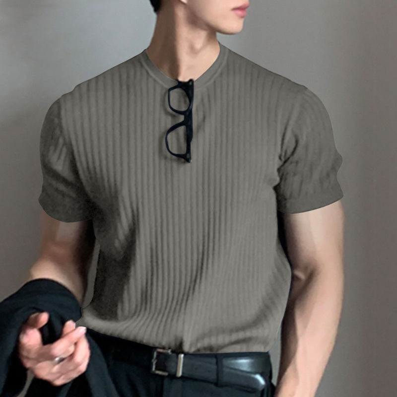 2025 new summer men's trendy thin short-sleeved European and American casual sweater elastic loose round neck T-shirt