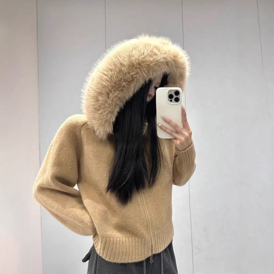 Cross-border Korean retro autumn and winter knitted cardigan women's loose casual versatile long-sleeved fur collar hooded sweater jacket women