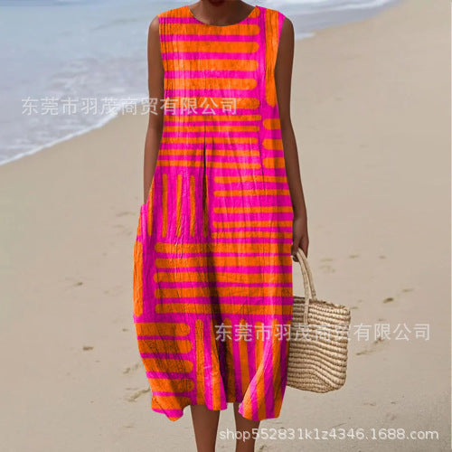2025 European and American spring and summer new sleeveless casual printed temperament long skirt dress slim small fresh casual skirt