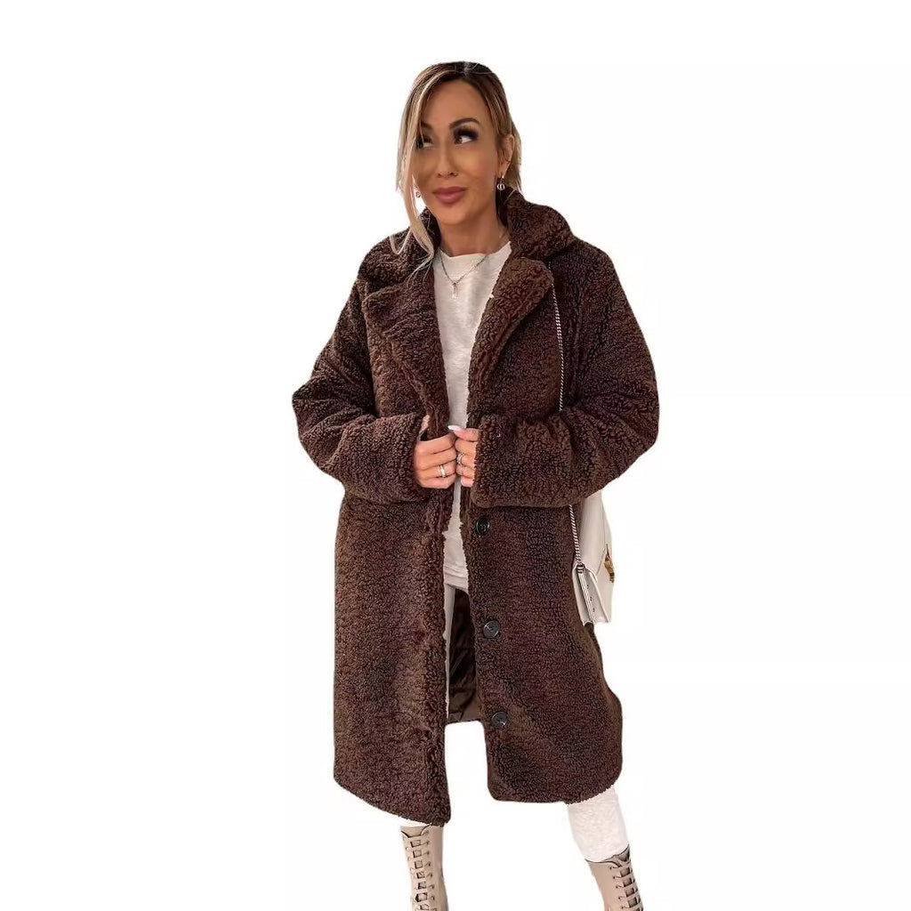 2025 Autumn and Winter European and American Cross-border Women's Clothing Hot Style Furry Long Sleeve Lapel Women's Plush Top Long Coat