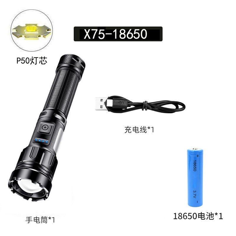 Cross-border P70 high-intensity flashlight outdoor waterproof USB rechargeable telescopic zoom high-power LED flashlight