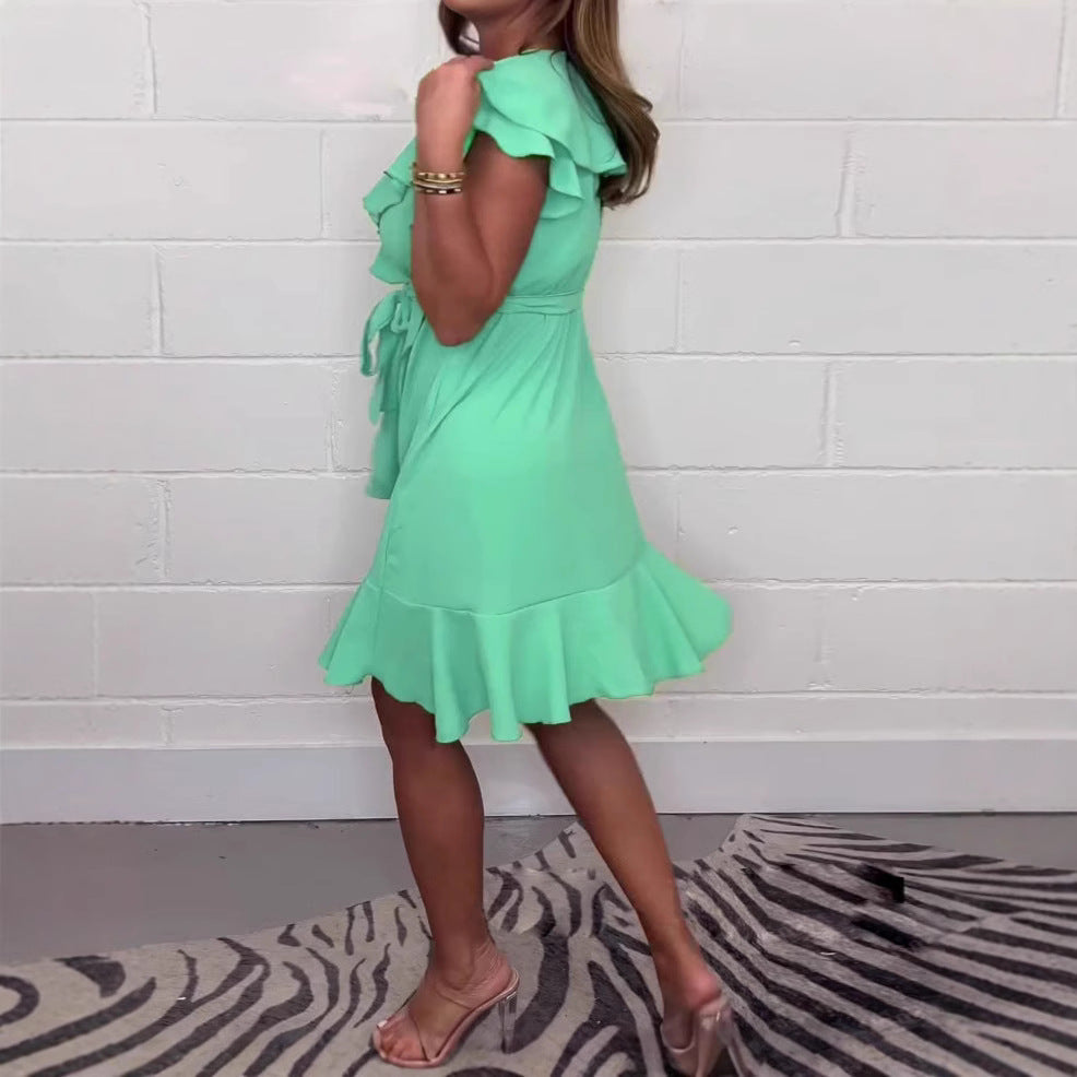 2025 European and American women's summer new V-neck waist skirt ruffled solid color dress female