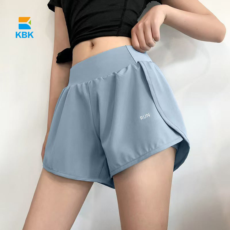 Sports shorts fake two-piece anti-exposure fitness high waist thin yoga pants three-quarter breathable running summer hip lift