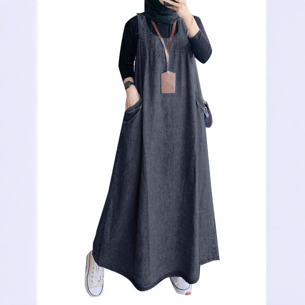 Cross-border foreign trade 2025 Southeast Asia Middle East Spring and Autumn new retro long skirt pocket loose casual denim overalls skirt
