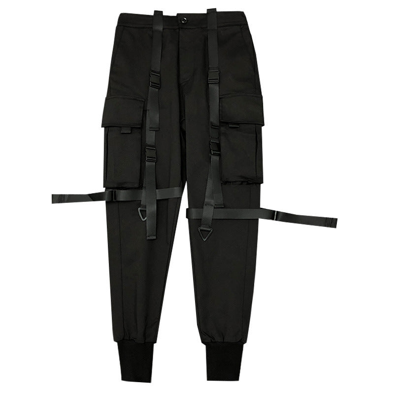 Trendy functional style tactical multi-pocket ribbon paratrooper overalls street fashion brand harem pants