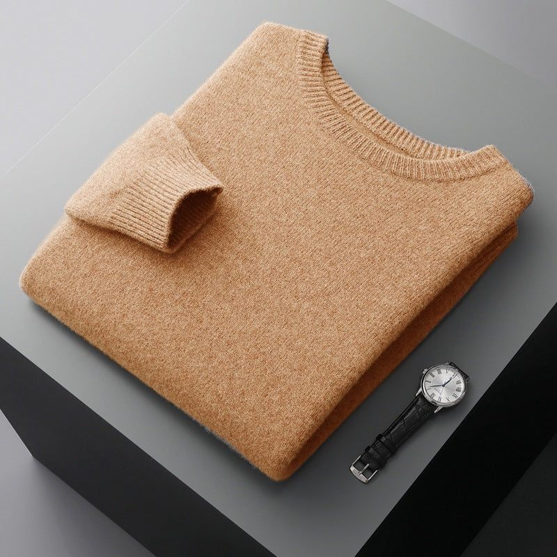 Autumn and winter round neck wool sweater men's 100% pure wool thick pullover sweater loose casual solid color knitted bottoming shirt
