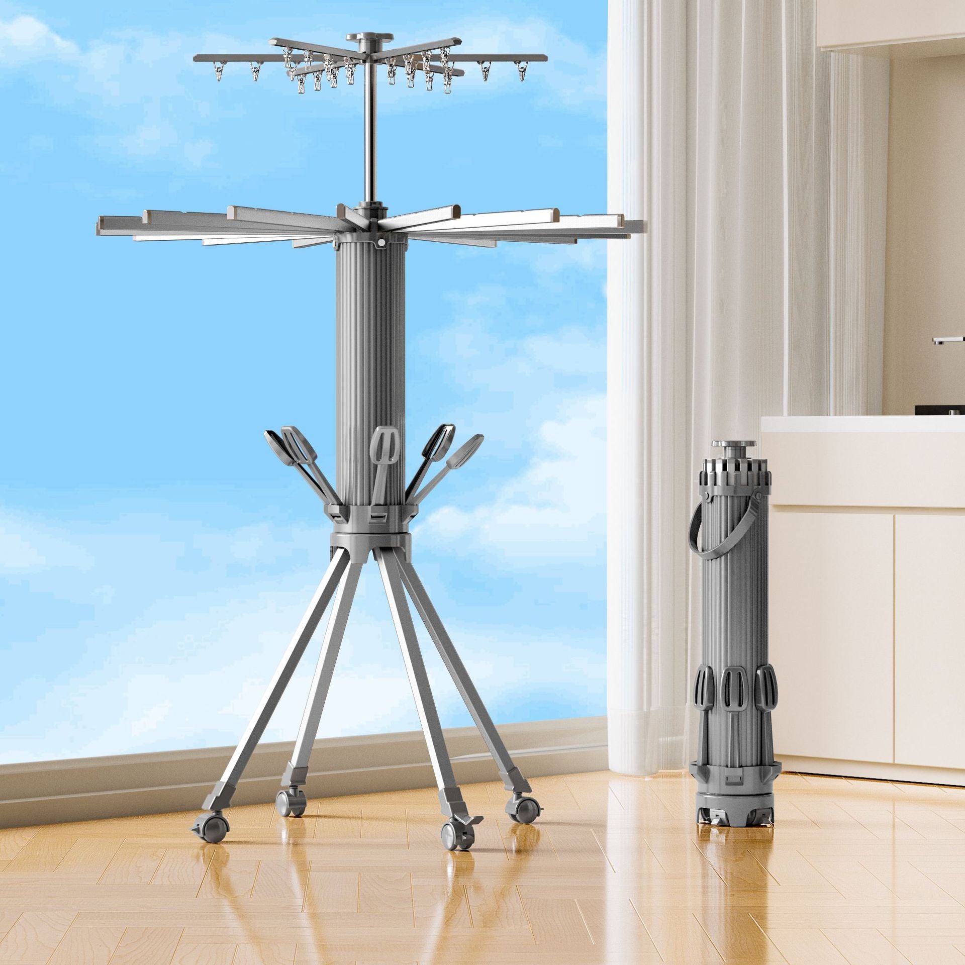 Octopus clothes rack aluminum alloy floor folding balcony home invisible movable telescopic indoor drying quilt artifact