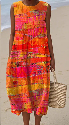 2025 European and American spring and summer new sleeveless casual printed temperament long dress slim small fresh casual dress