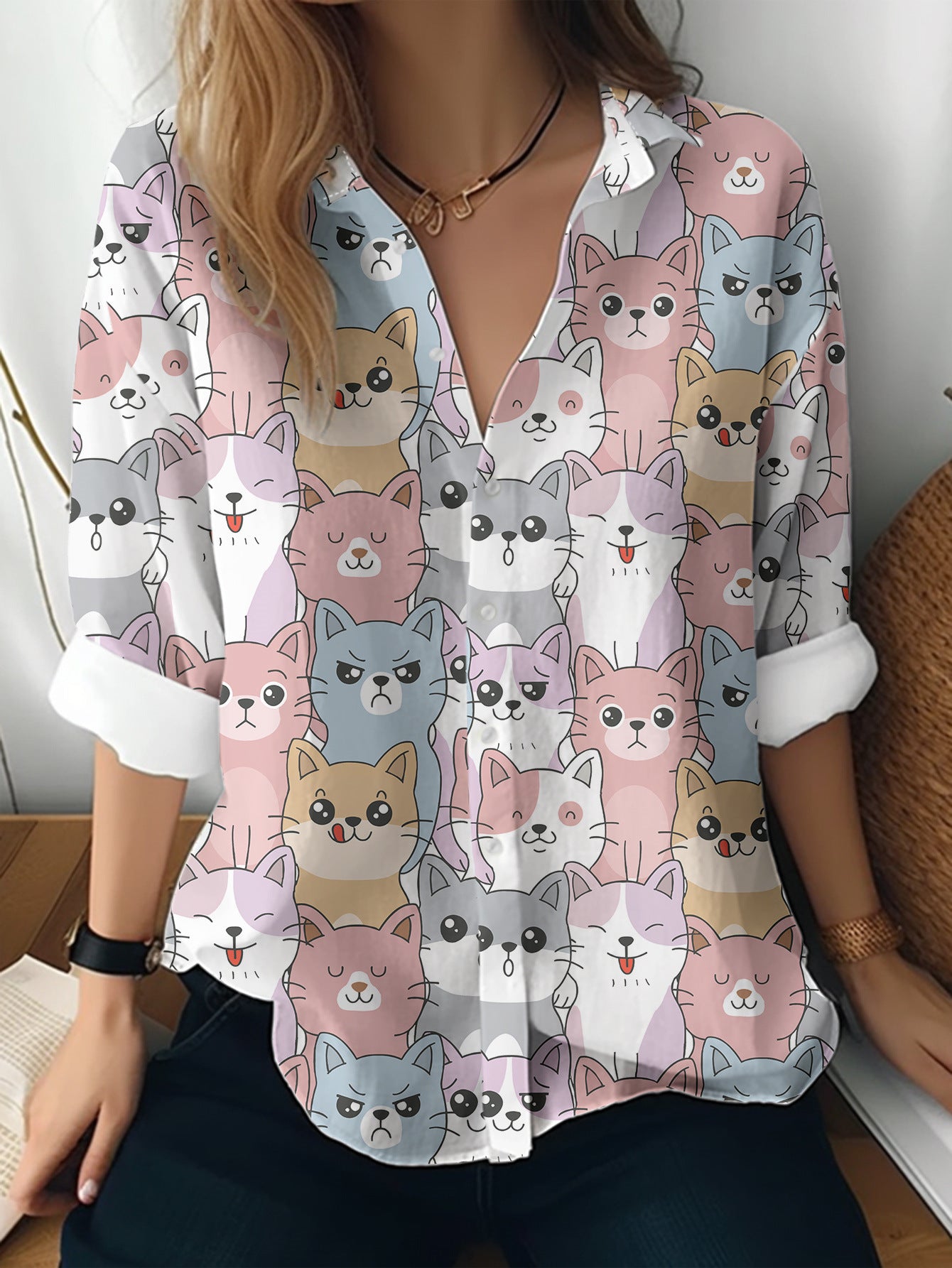 Cat cross-border European and American women's 3D printed floral pattern long-sleeved shirt women's fashion tops