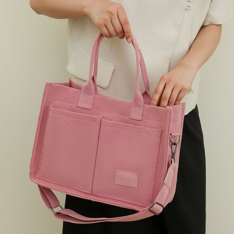 Cross-border canvas bag women's large capacity multi-pocket ladies bag trendy crossbody bag wide shoulder strap handheld tote bag