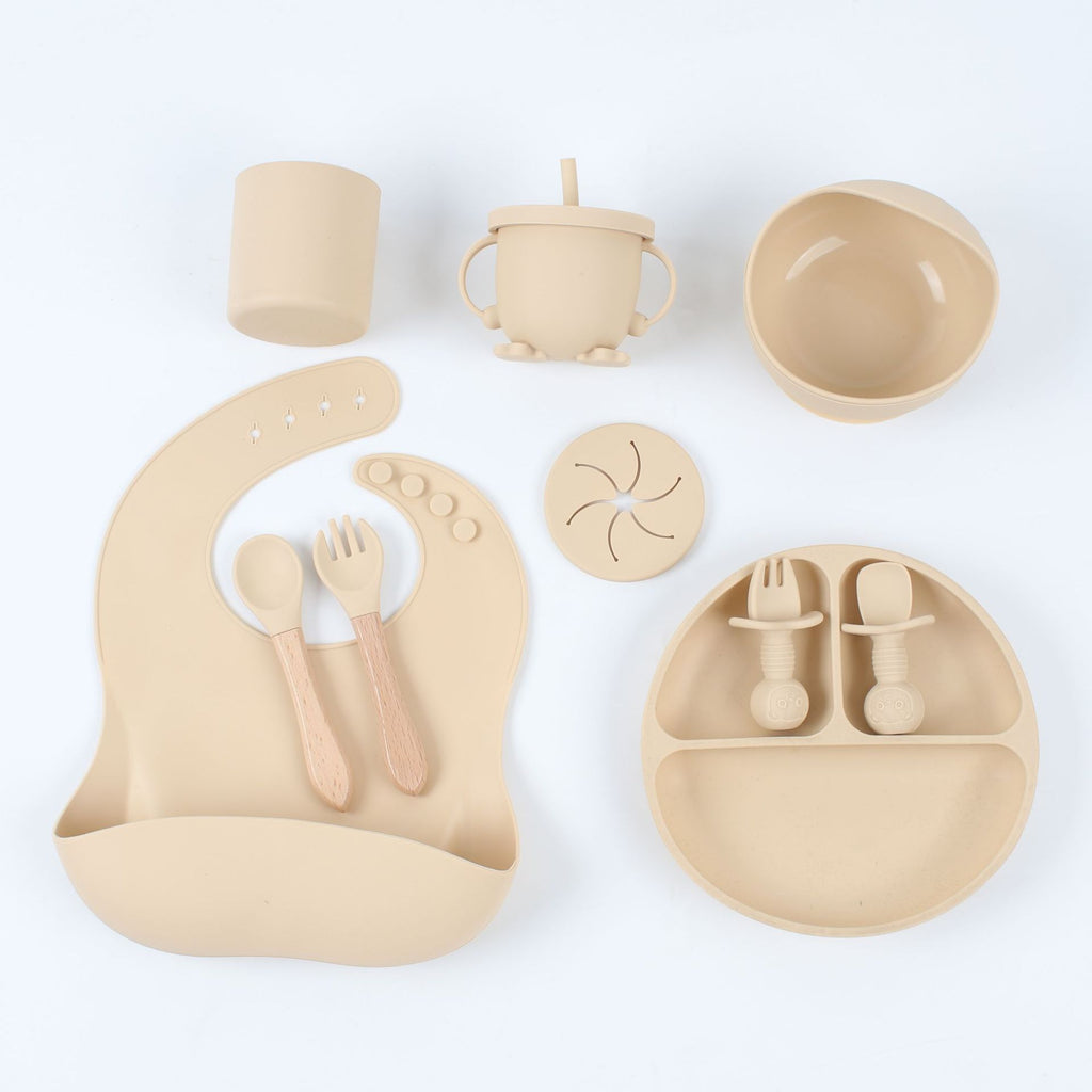 Silicone dinner plate, baby bib, baby tableware set, shatter-resistant cup feeding set, baby supplies 10-piece set