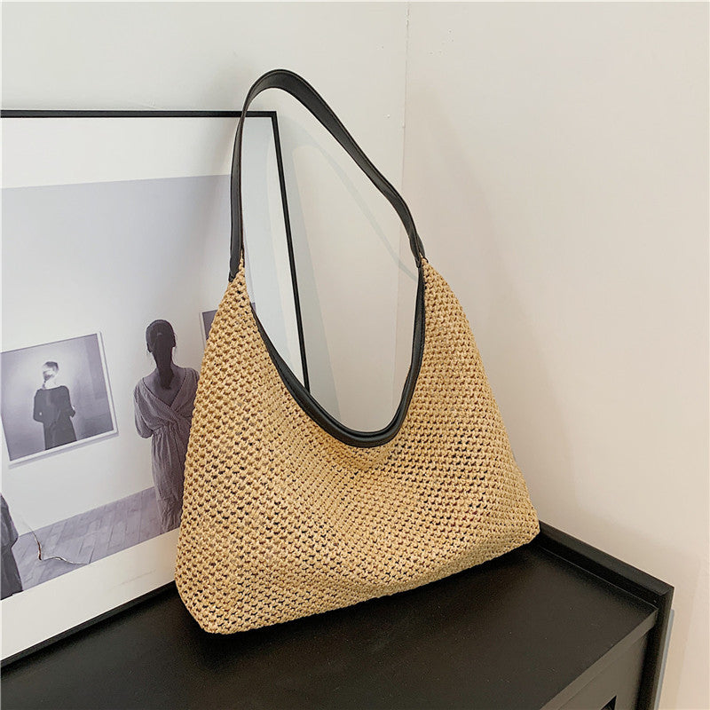 Korean ins retro woven tote bag straw bag large capacity underarm bag shoulder bag holiday style beach bag female