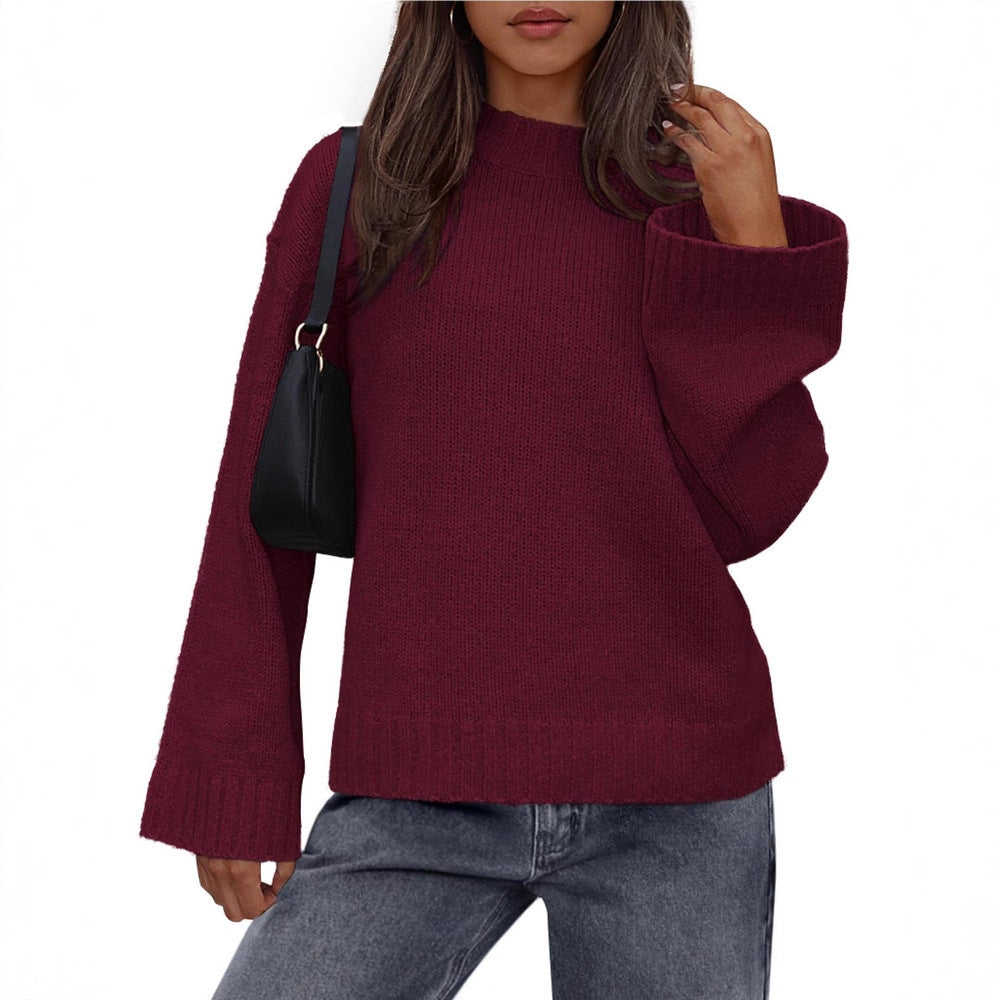 2025 Foreign Trade Autumn and Winter New Arrival Casual Round Neck Loose Solid Color Long Sleeve Trumpet Sleeve Knitted Sweater Women's Clothing