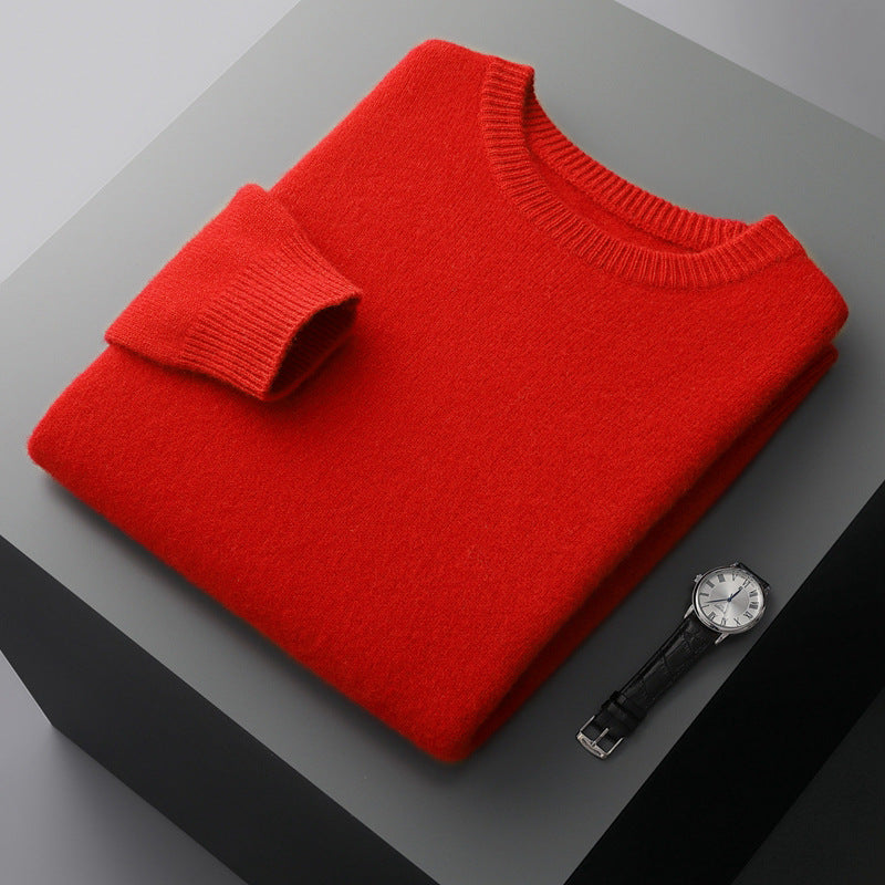 Autumn and winter round neck wool sweater men's 100% pure wool thick pullover sweater loose casual solid color knitted bottoming shirt