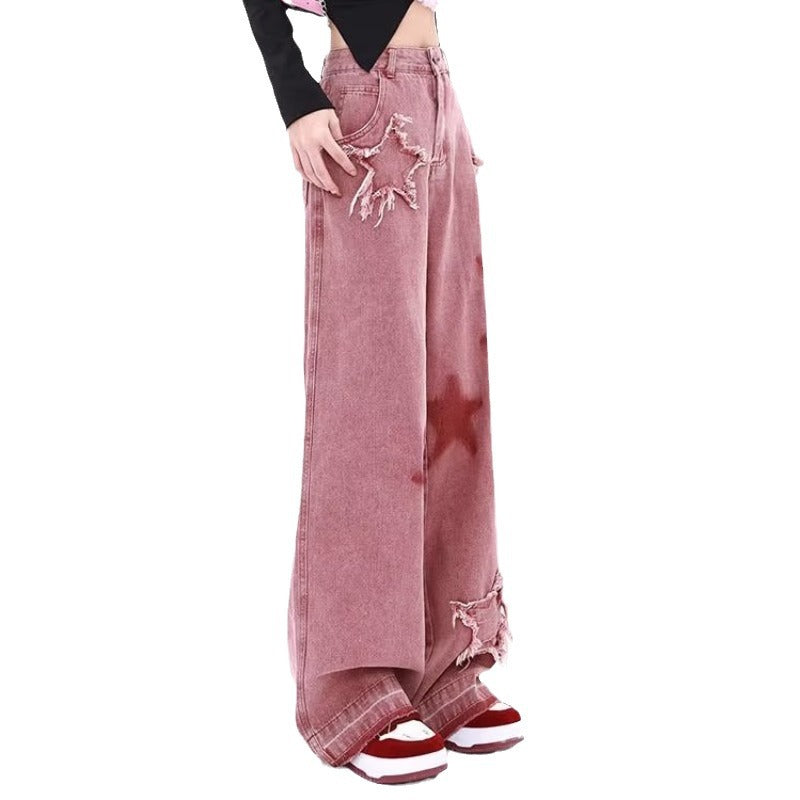 American retro star embroidered jeans for women early autumn new dopamine wear high waist loose wide leg pants