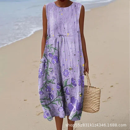 2025 European and American spring and summer new sleeveless casual printed temperament long dress slim small fresh casual dress