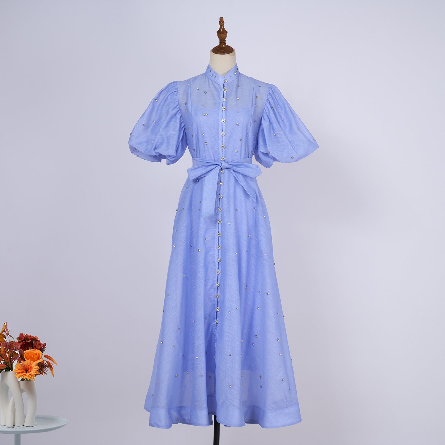 European and American cross-border summer palace style high-end design heavy-duty rhinestone short-sleeved single-breasted dress with suspenders