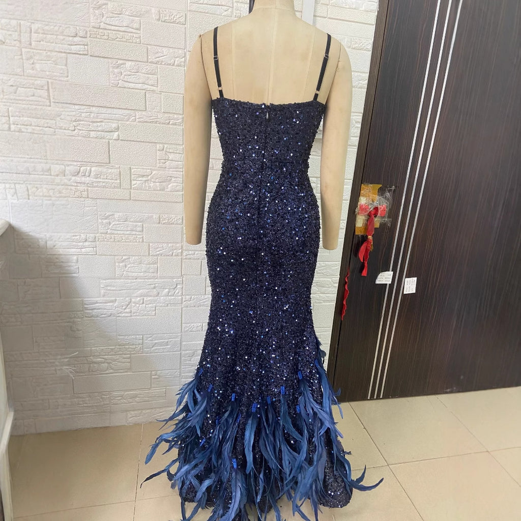 European and American glitter sexy perspective gorgeous feather skirt suspender dress luxury party dinner dress