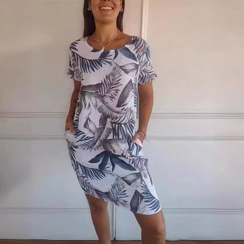 Spot cross-border independent station AliExpress women's round neck loose short-sleeved printed dress women's pocket skirt explosion