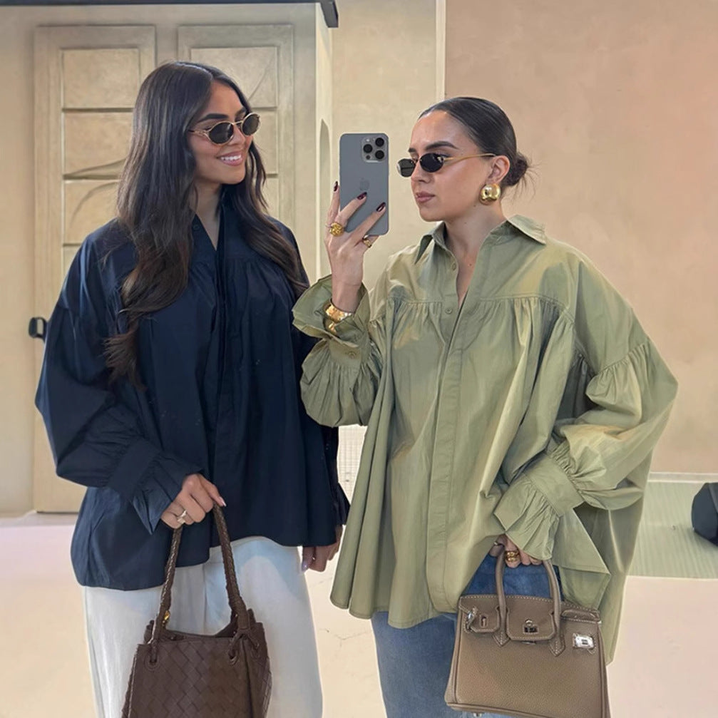 European and American style cross-border foreign trade women's clothing 2025 fashion poplin two-color drop shoulder lantern long sleeve loose single-breasted shirt