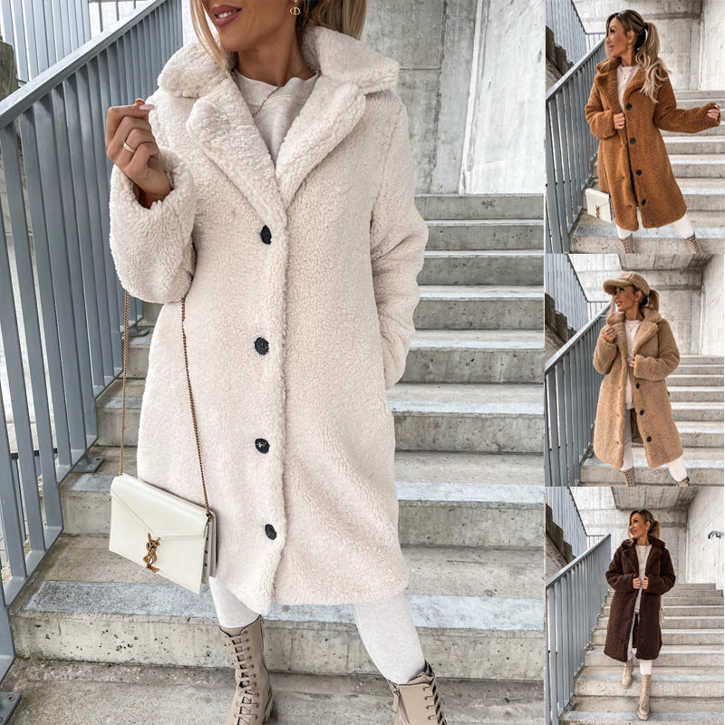 2025 Autumn and Winter European and American Cross-border Women's Clothing Hot Style Furry Long Sleeve Lapel Women's Plush Top Long Coat