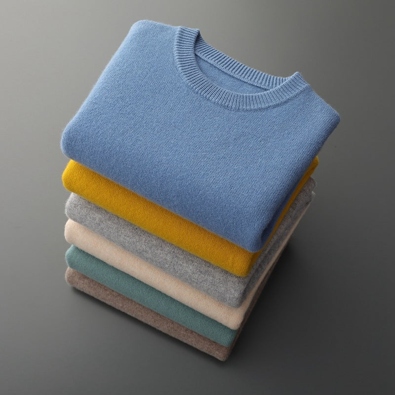 Autumn and winter round neck wool sweater men's 100% pure wool thick pullover sweater loose casual solid color knitted bottoming shirt