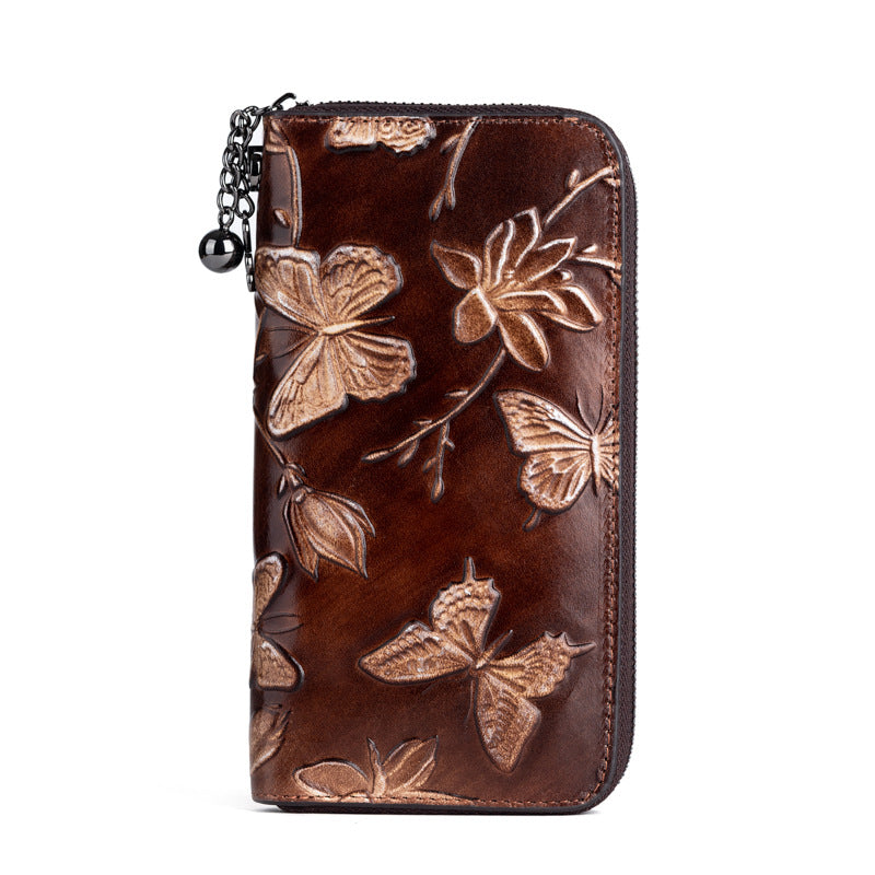 2025 new top layer cowhide handbag women's Chinese style embossed rubbed color long wallet fashion retro clutch bag