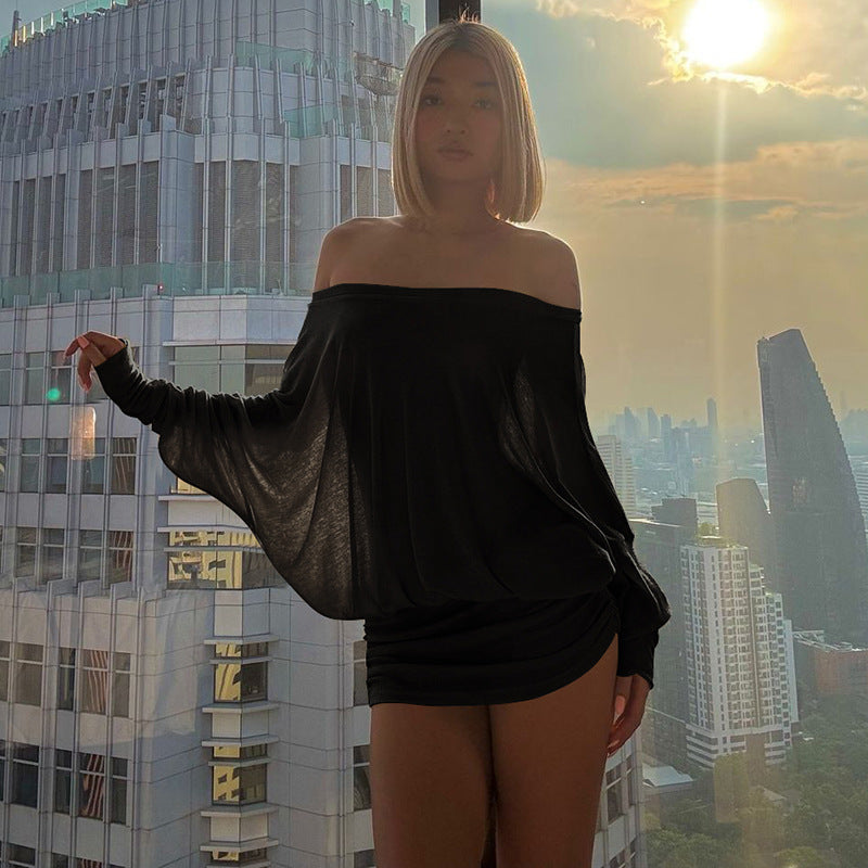 European and American style women's clothing 2025 spring new sexy pure desire style one-shoulder pleated tight hip dress