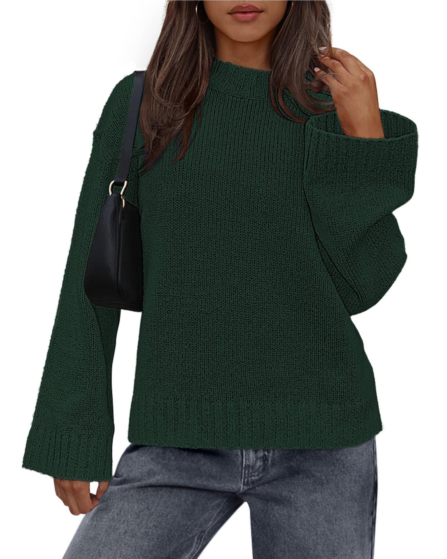2025 Foreign Trade Autumn and Winter New Arrival Casual Round Neck Loose Solid Color Long Sleeve Trumpet Sleeve Knitted Sweater Women's Clothing