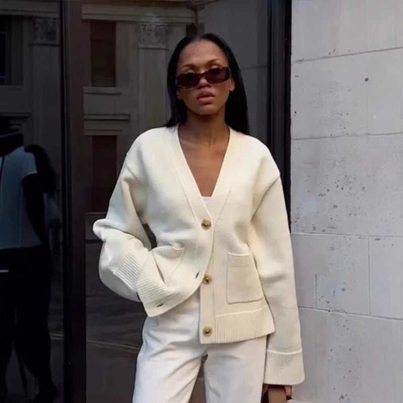 2025 Spring and Summer Cross-border Foreign Trade Spot Casual Versatile Solid Color V-neck Knitted Jacket