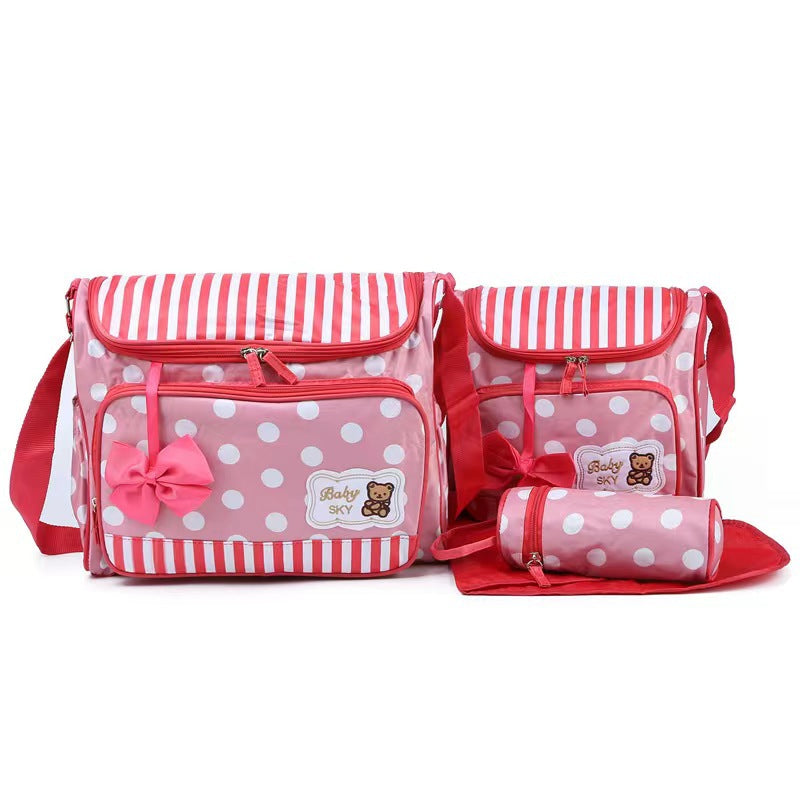 Cross-border printing large polka dot mommy bag four-piece set multifunctional large capacity butterfly festival one-shoulder bear mother and baby bag