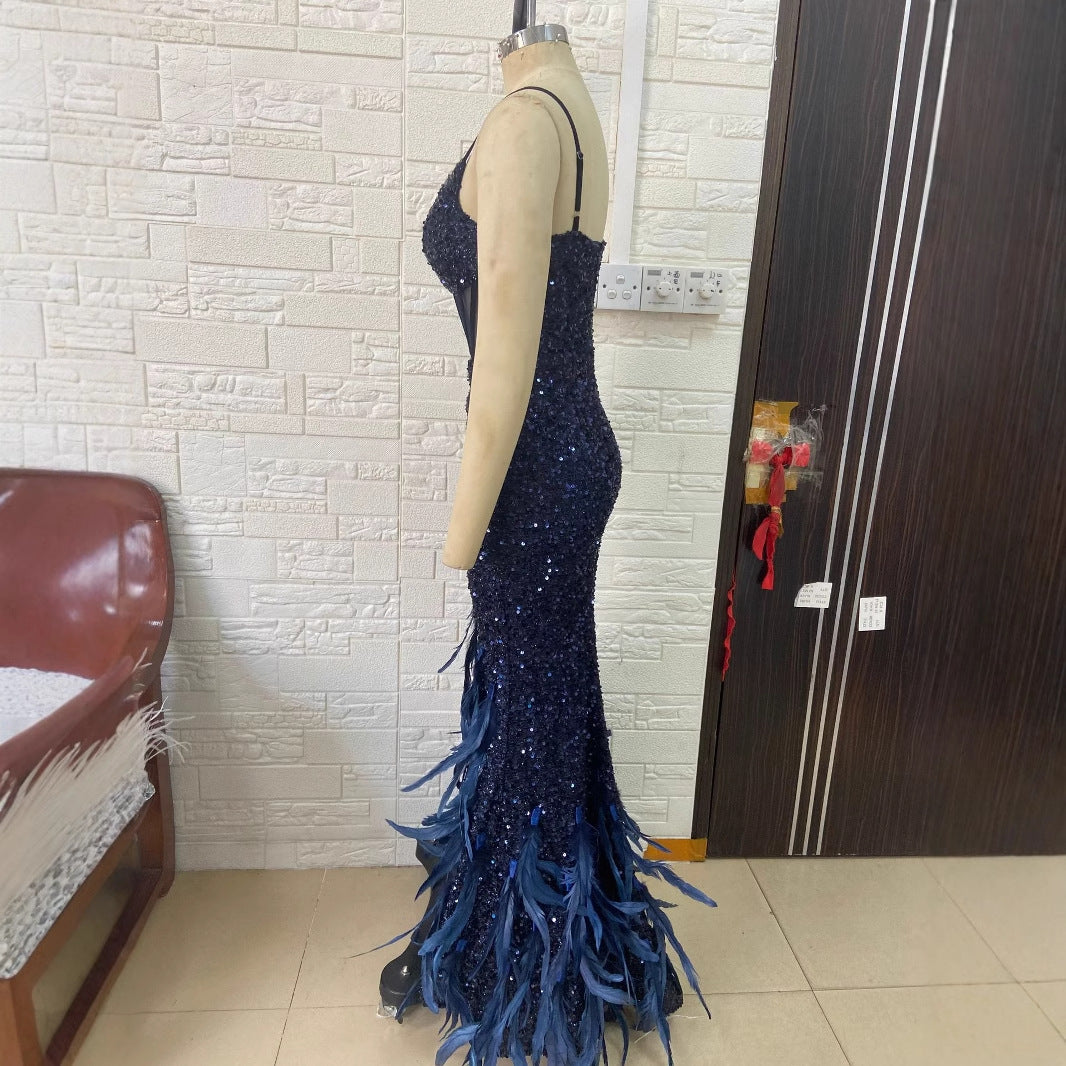 European and American glitter sexy perspective gorgeous feather skirt suspender dress luxury party dinner dress