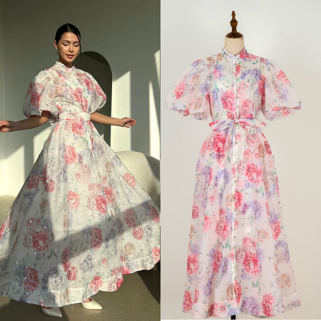 European and American cross-border summer palace style high-end design heavy-duty rhinestone short-sleeved single-breasted dress with suspenders