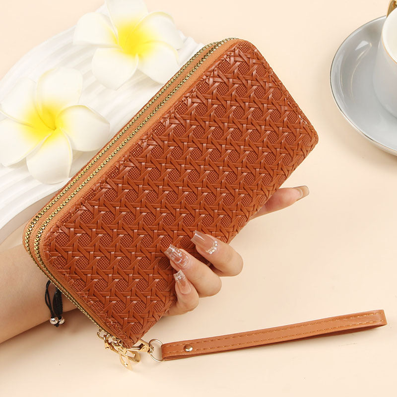 Foreign trade-specific wallet for women, long woven pattern double zipper large capacity clutch bag, multifunctional patent leather mobile phone bag for women