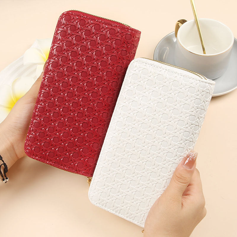 Foreign trade-specific wallet for women, long woven pattern double zipper large capacity clutch bag, multifunctional patent leather mobile phone bag for women
