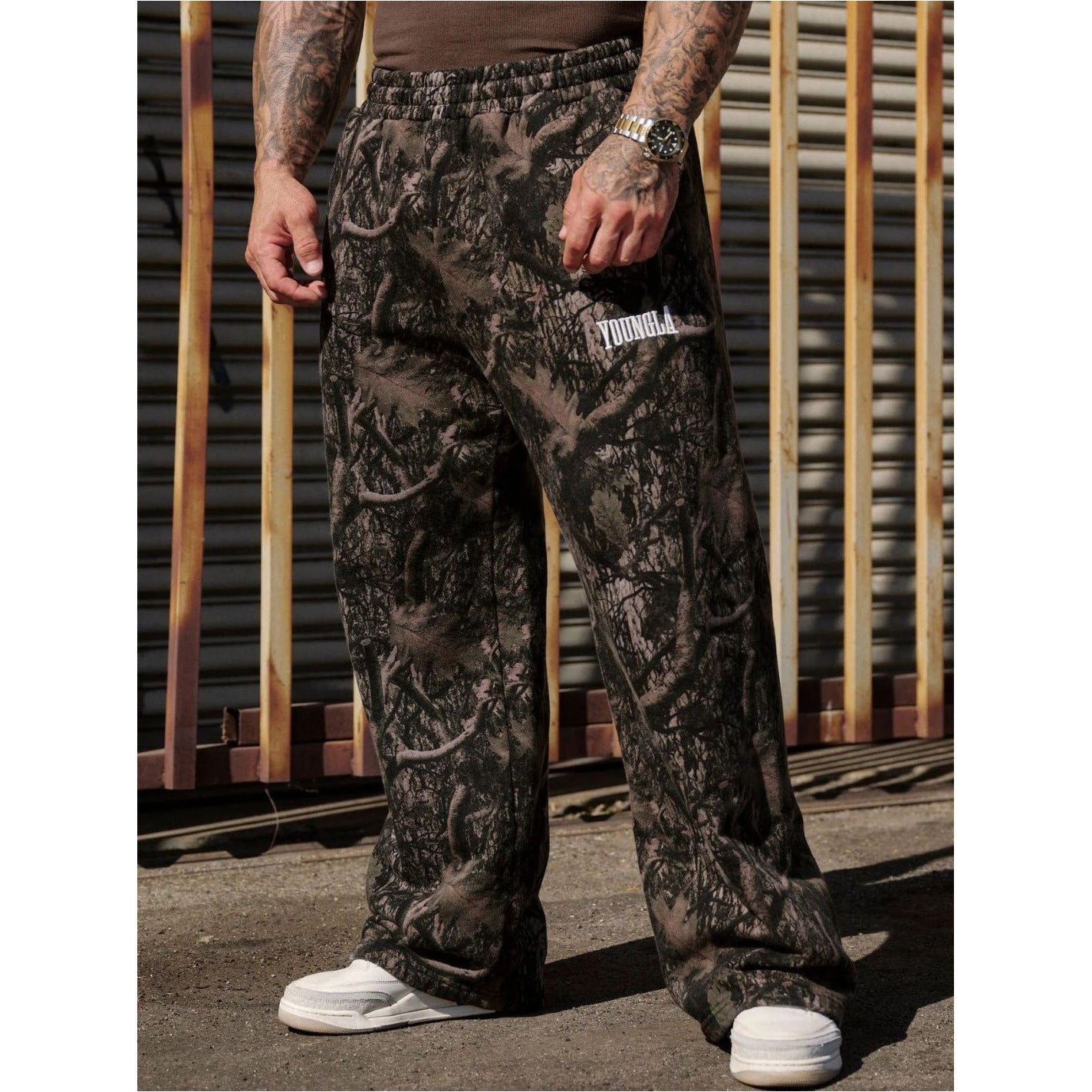 Leaf camouflage 3D printed flared casual pants men's loose sports outdoor camouflage wide-leg trousers American street style