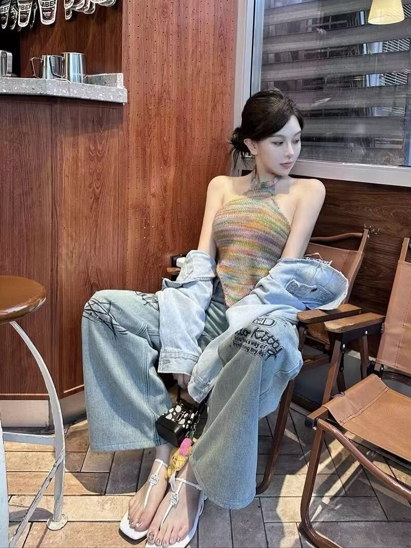 Large size retro graffiti print jeans for women spring design high waist slim straight hot diamond wide leg pants trendy