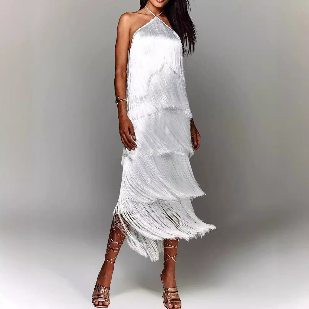 2025 European and American cross-border fashion halter neck tassel backless slit dress