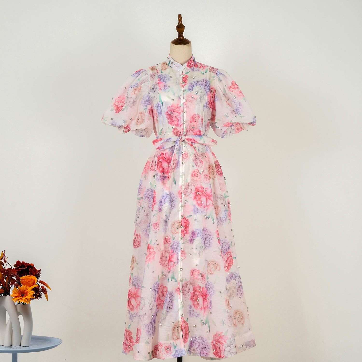 European and American cross-border summer palace style high-end design heavy-duty rhinestone short-sleeved single-breasted dress with suspenders