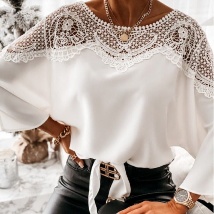 Independent Station Wish Spring and Autumn New Long Sleeve Lace Shirt Solid Color Commuter Top Round Neck Shirt