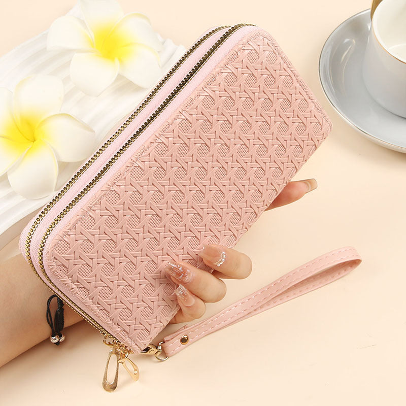 Foreign trade-specific wallet for women, long woven pattern double zipper large capacity clutch bag, multifunctional patent leather mobile phone bag for women