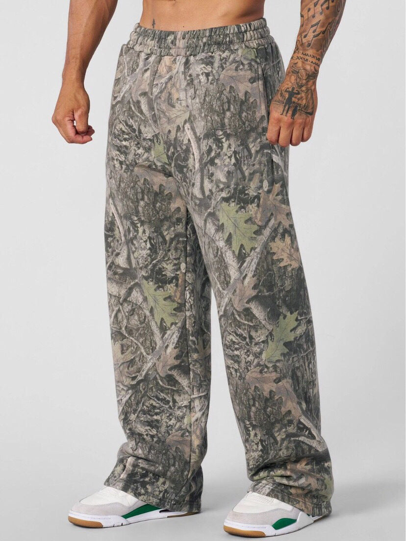 Leaf camouflage 3D printed flared casual pants men's loose sports outdoor camouflage wide-leg trousers American street style