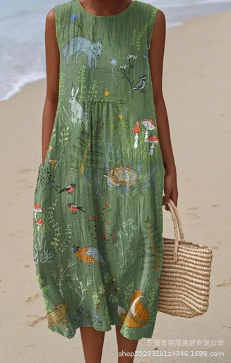 2025 European and American spring and summer new sleeveless casual printed temperament long dress slim small fresh casual dress