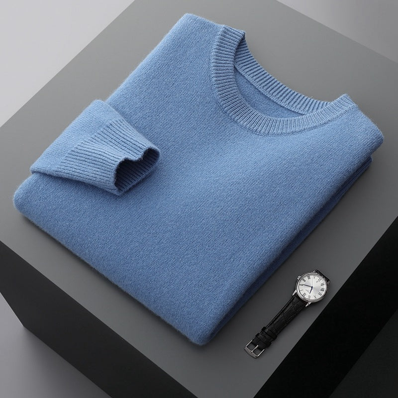 Autumn and winter round neck wool sweater men's 100% pure wool thick pullover sweater loose casual solid color knitted bottoming shirt