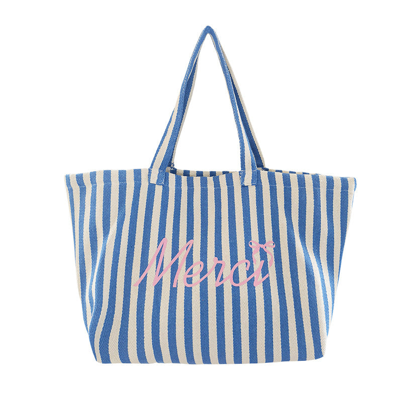 New canvas bag original large capacity blue striped letter printing casual all-match tote bag women
