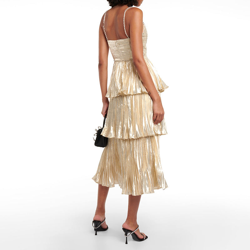 Summer new temperament light luxury metallic layered mid-length dress French sexy style suspender lady dress