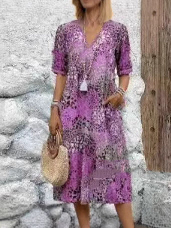 2025 European and American new printed summer V-neck casual vacation pocket dress home clothes foreign trade women