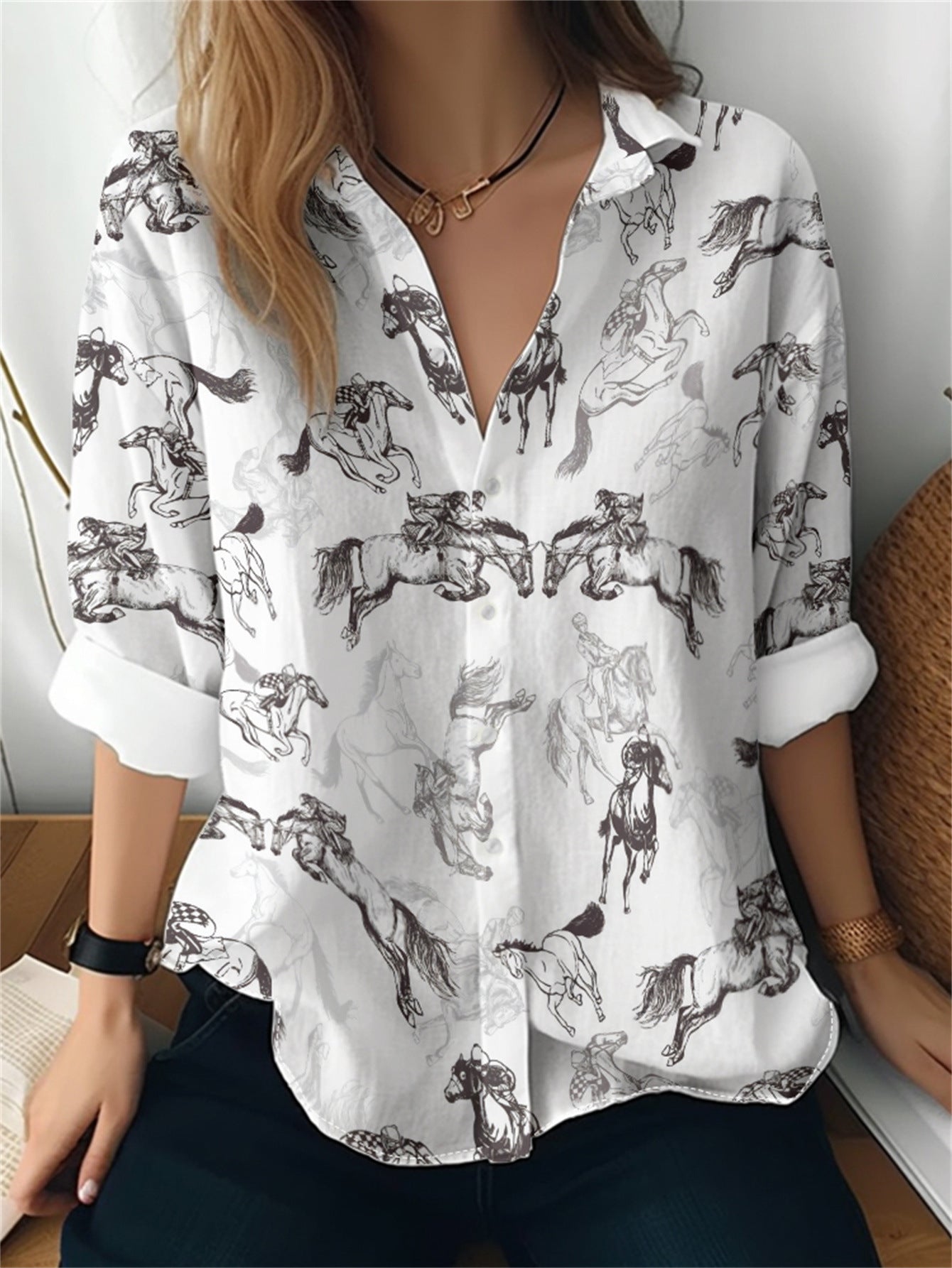 Cat cross-border European and American women's 3D printed floral pattern long-sleeved shirt women's fashion tops